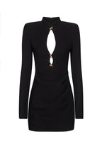 Long Sleeve Black Mini Dress With Gold Trims