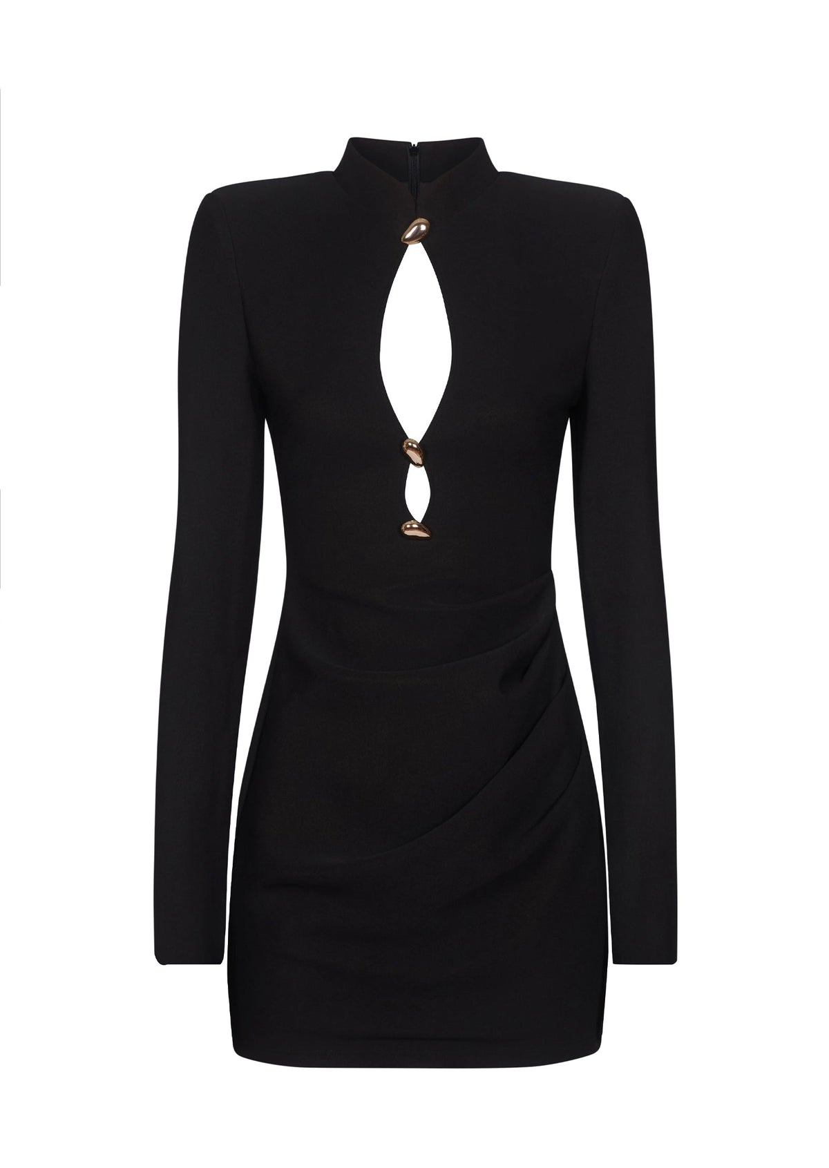 Long Sleeve Black Mini Dress With Gold Trims