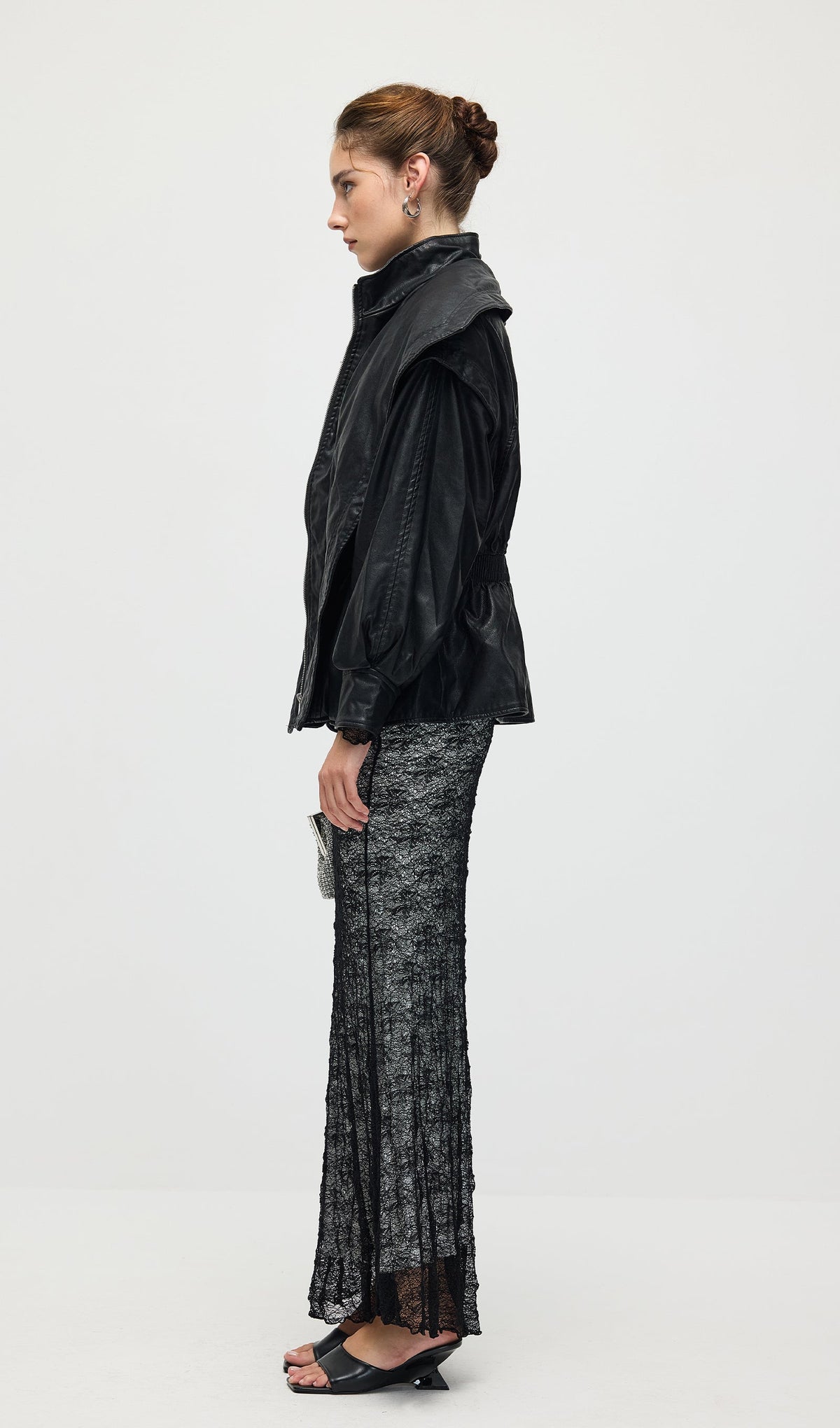 Waisted Lapel Leather Jacket In Black