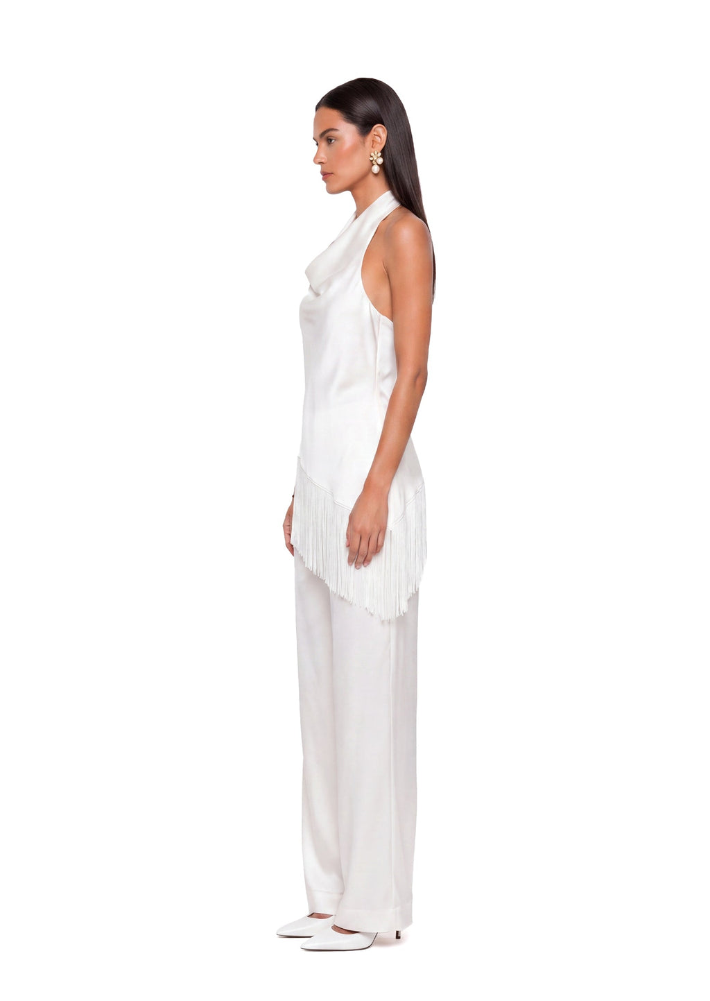 Wahkan Fringe Halter Top & Satin Pants Set In White