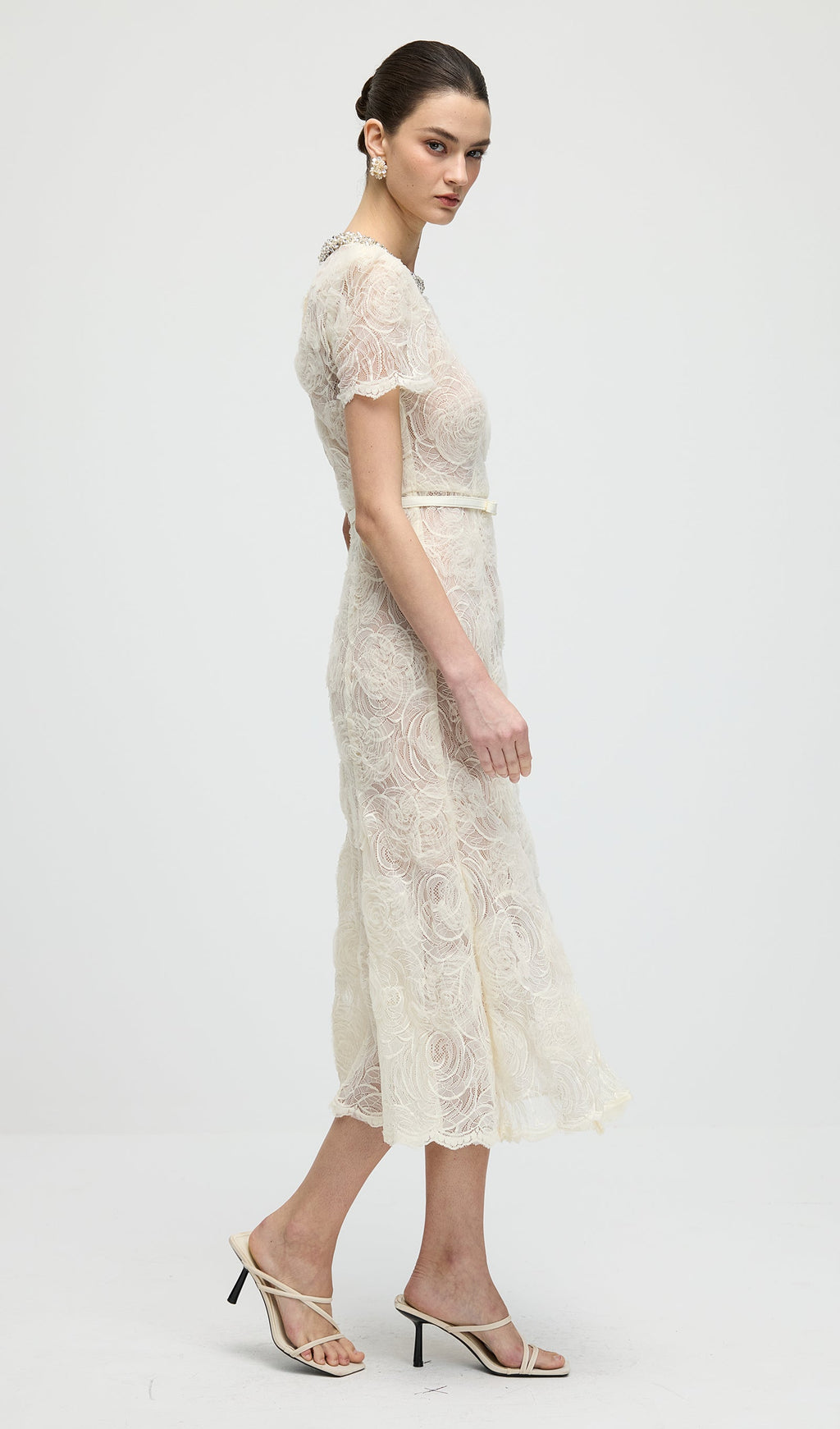 Cream Tulle Lace Midi Dress