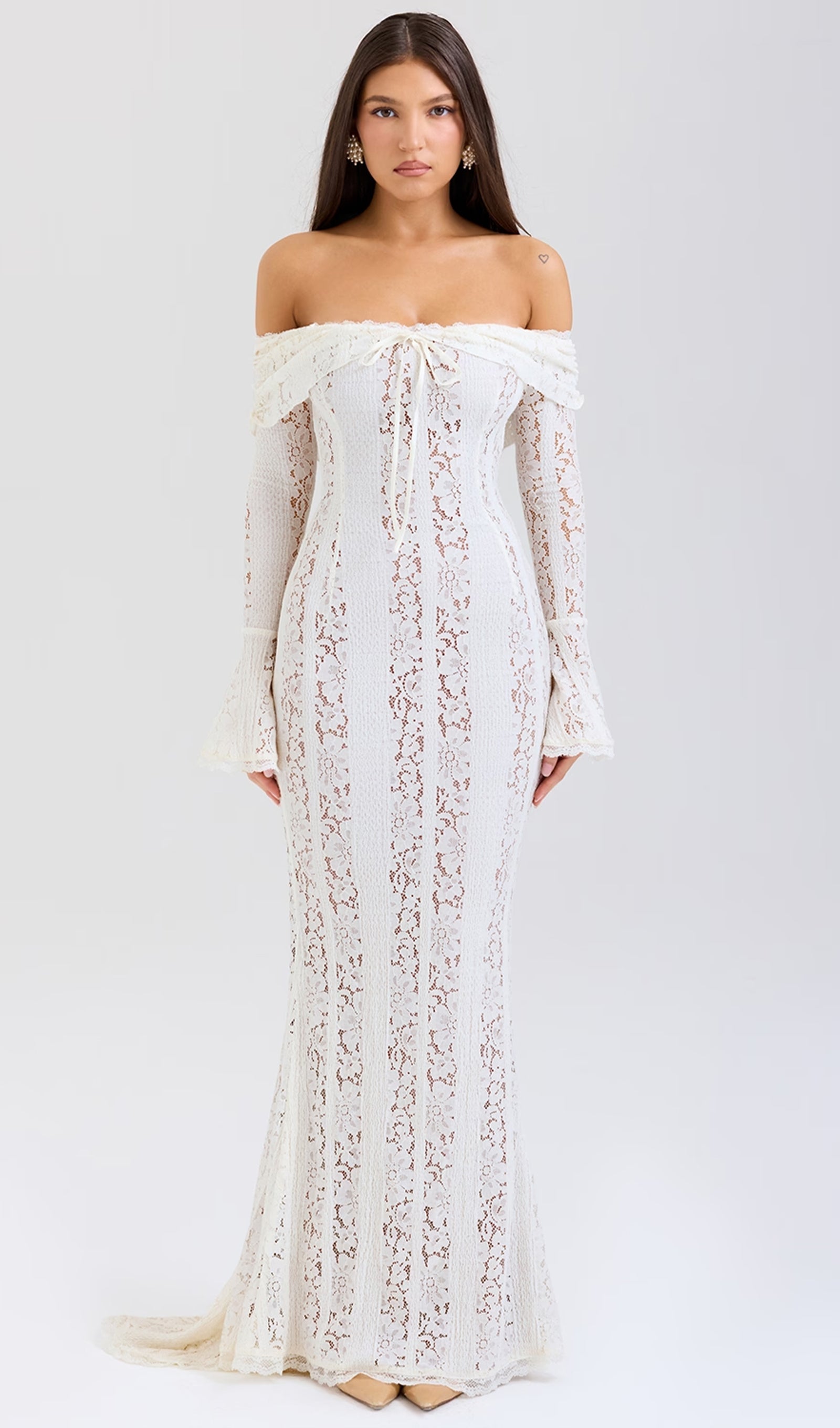 Vintage Floral Lace Off Shoulder Maxi Dress