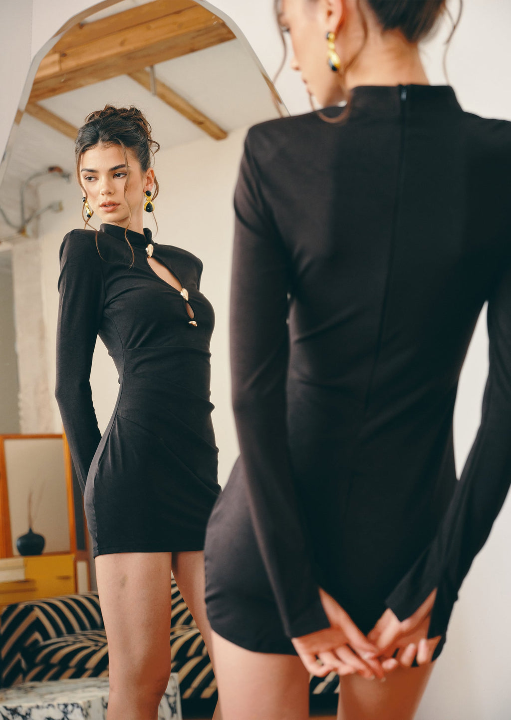 Long Sleeve Black Mini Dress With Gold Trims