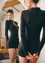 Long Sleeve Black Mini Dress With Gold Trims