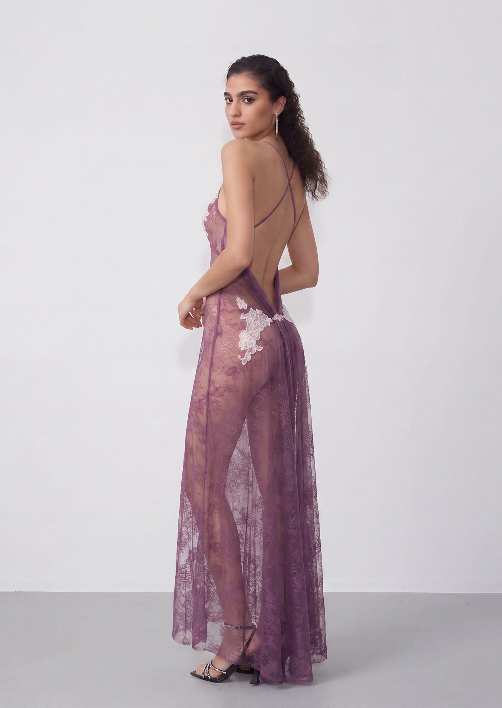 Antheia Sheer Lace Maxi Dress In Light Puple