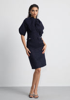 Bow Neck Puff Sleeve Tweed Mini Dress
