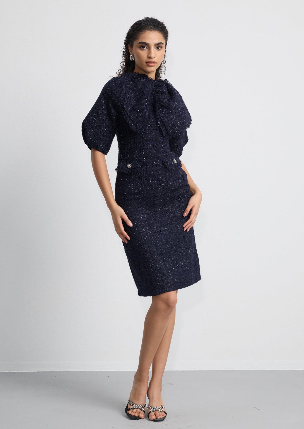 Bow Neck Puff Sleeve Tweed Mini Dress