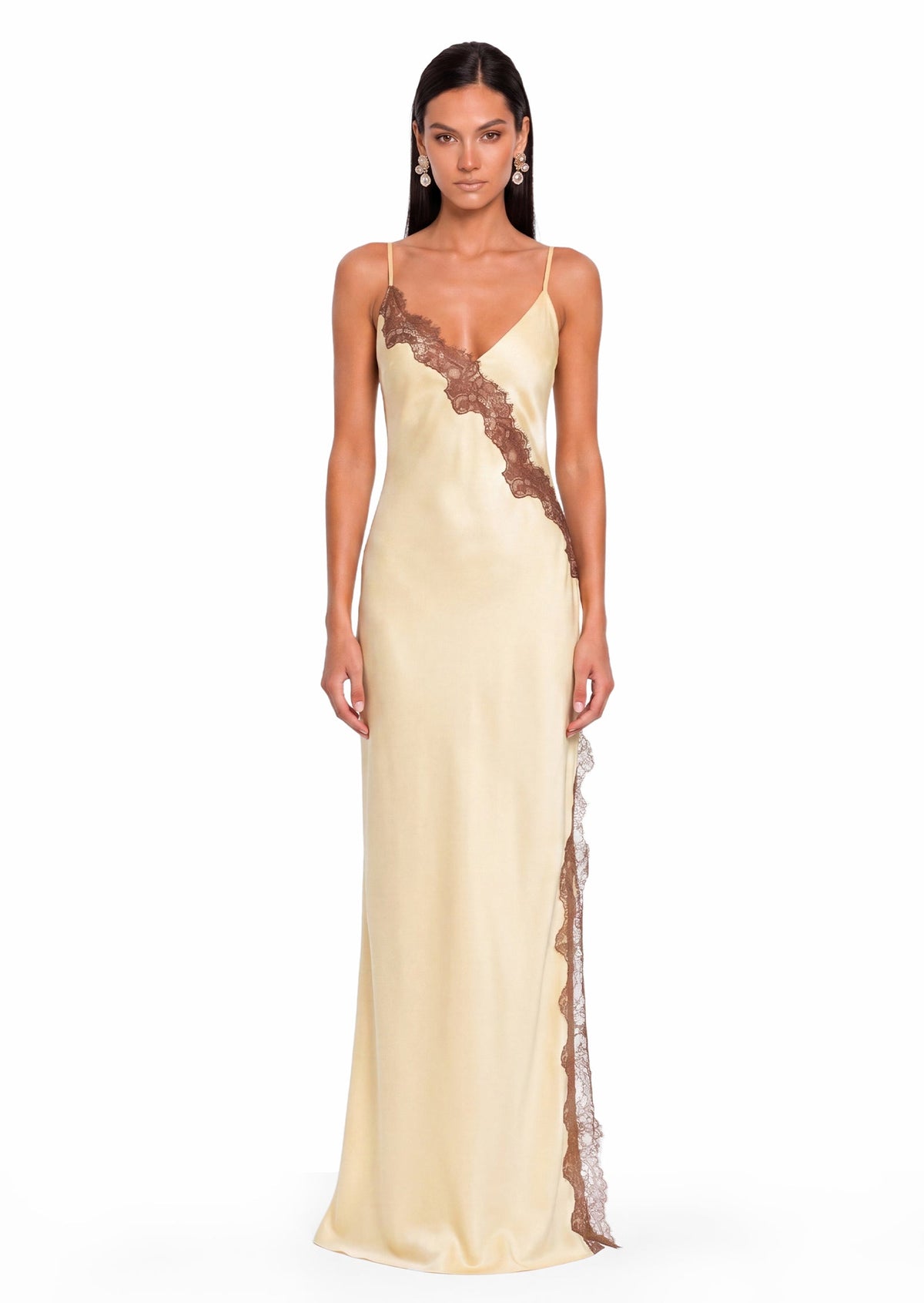 Dallin Satin Lace Dress With Lace Trim