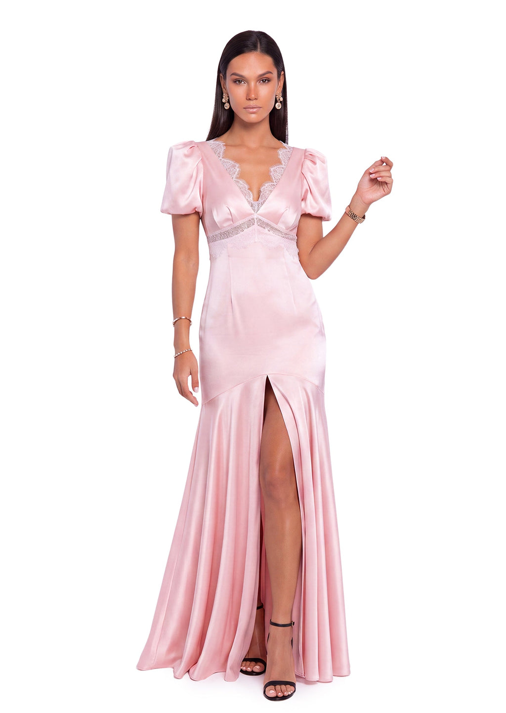 Nahal Satin Short Sleeved Maxi Dress In Pink