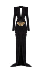 V-Neck Draped And Embroidery Evening Dress