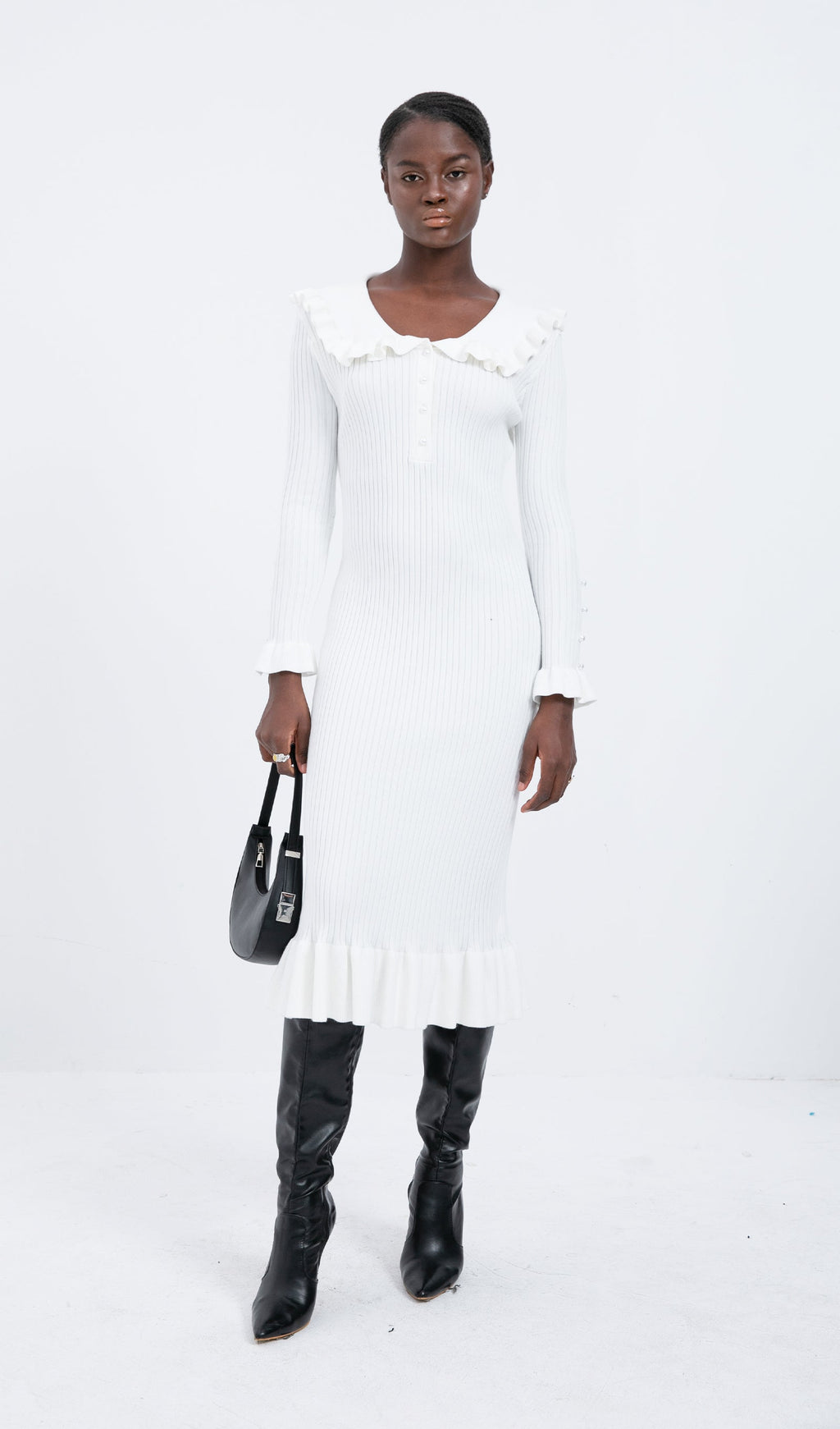 Trendy Knitted Ruffle Midi Dress-White
