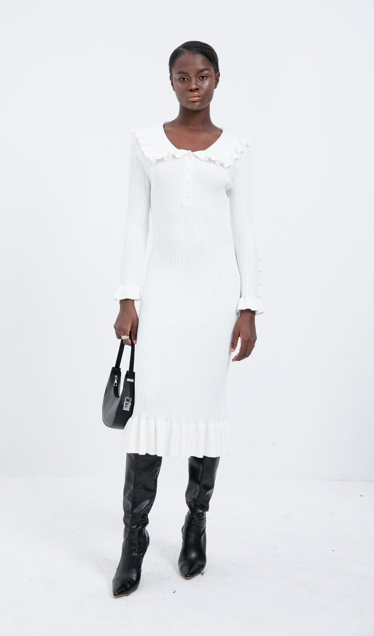 Trendy Knitted Ruffle Midi Dress-White