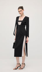 Slit Square Shoulder Midi Dress In Black