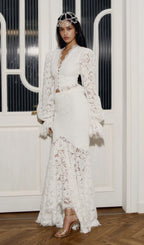 Lace Trimmed Puff Sleeved Top & Fishtail Skirt Set