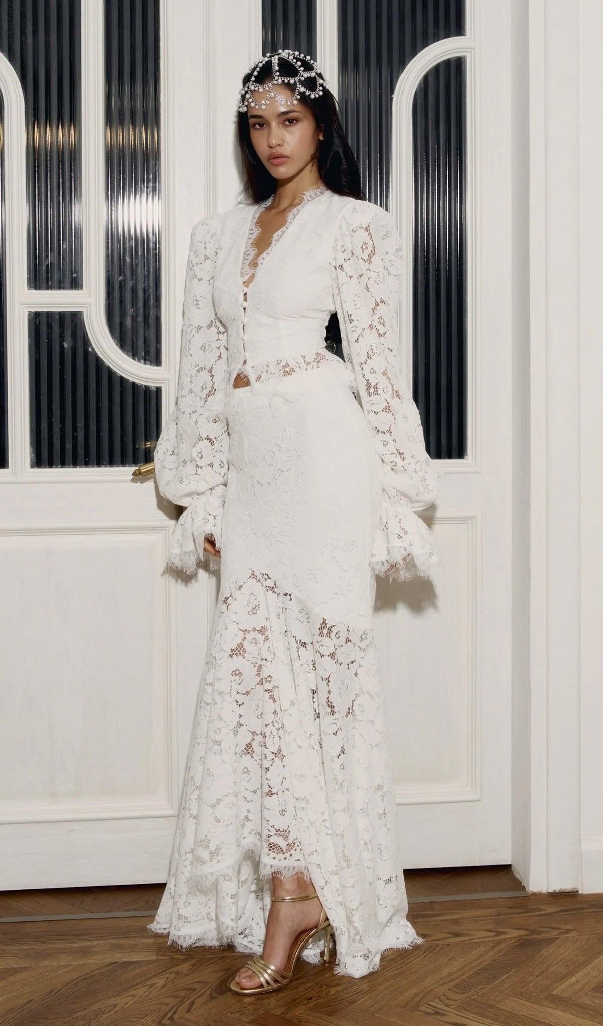 Lace Trimmed Puff Sleeved Top & Fishtail Skirt Set