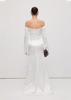 Satin Off Shoulder Ruched Maxi Dress