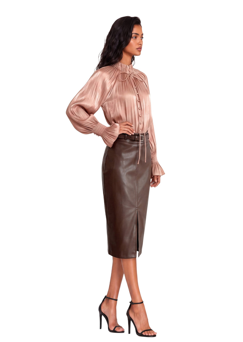 Earvin Long Sleeve Shirt & Pu Skirt Set