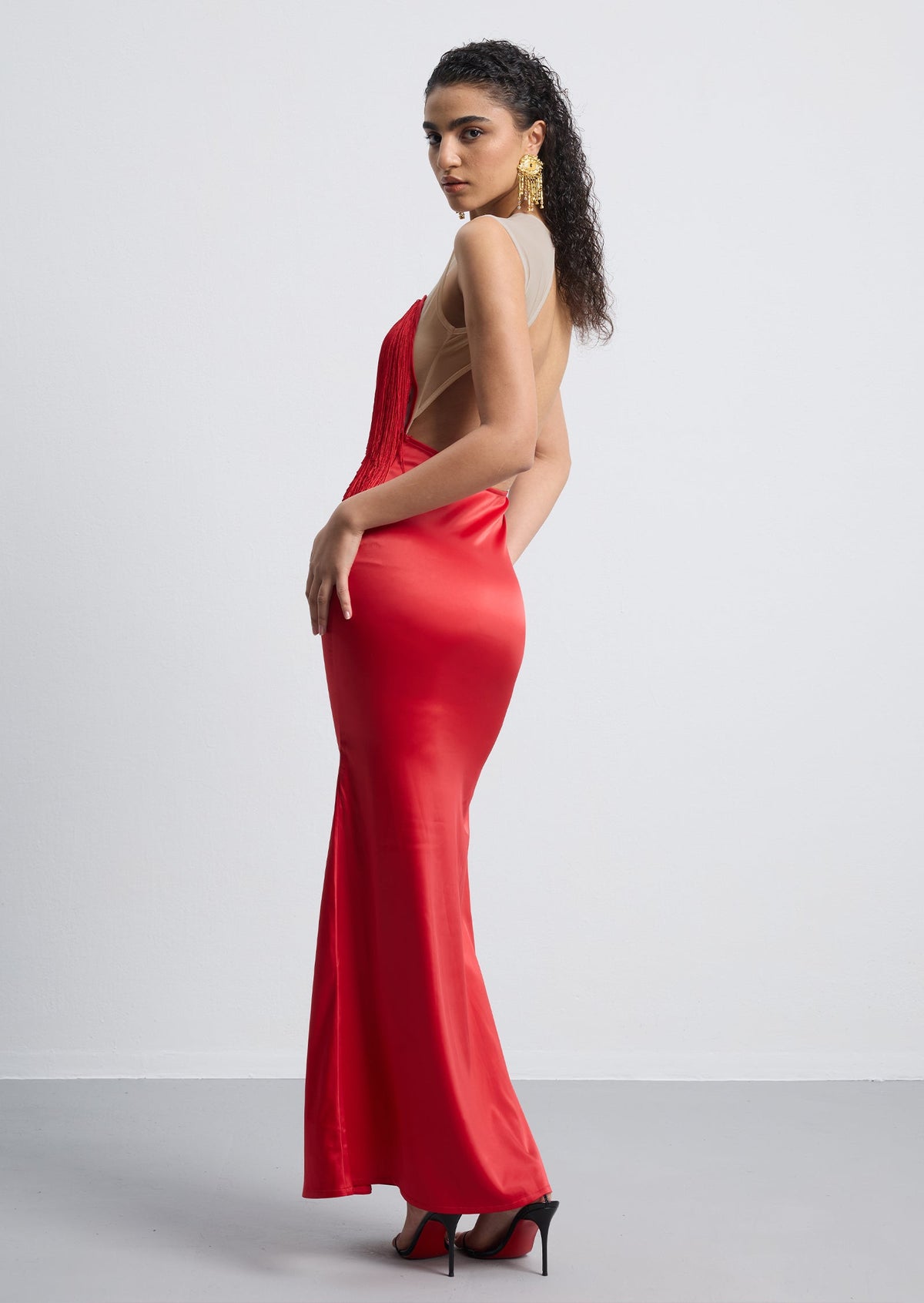 Hiba Fringe Detail Satin Maxi Dress With Fur Collar