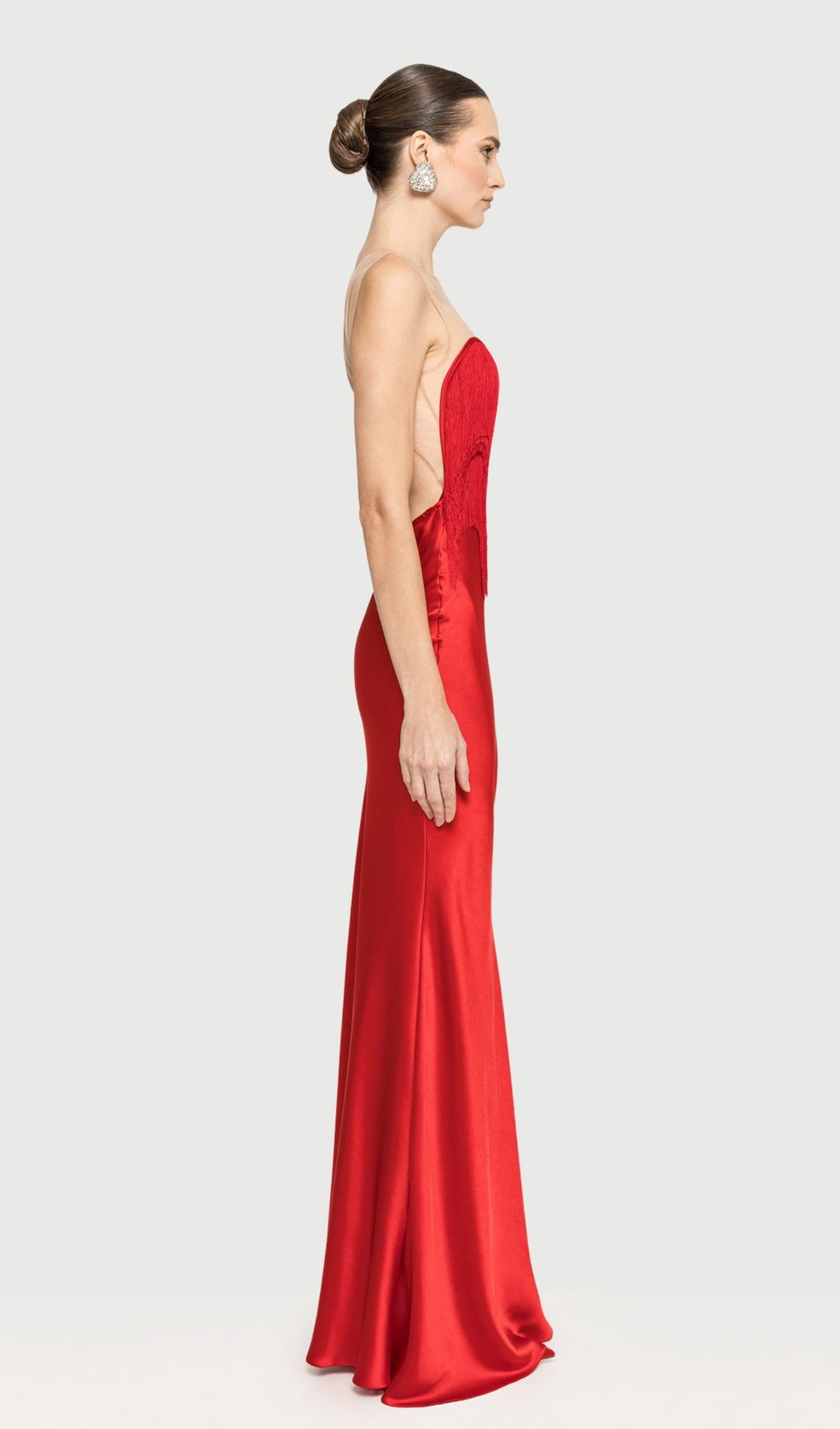 Fringe Detail Satin Maxi Dress With Fur Collar