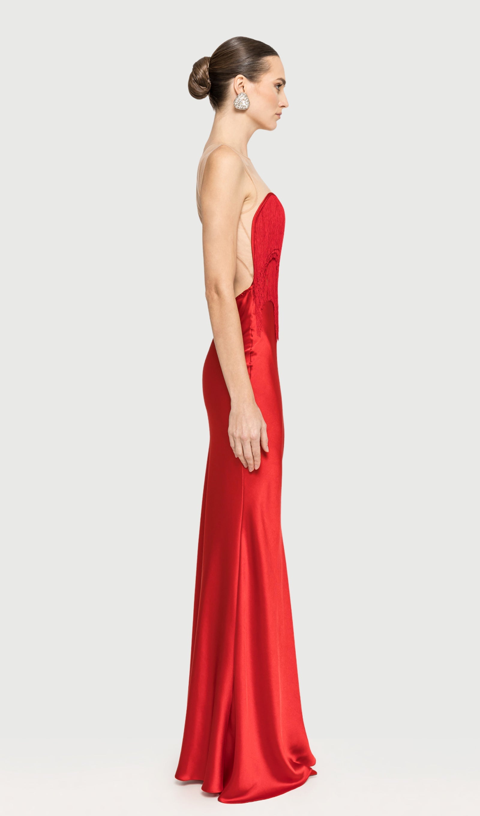 Fringe Detail Satin Maxi Dress With Fur Collar