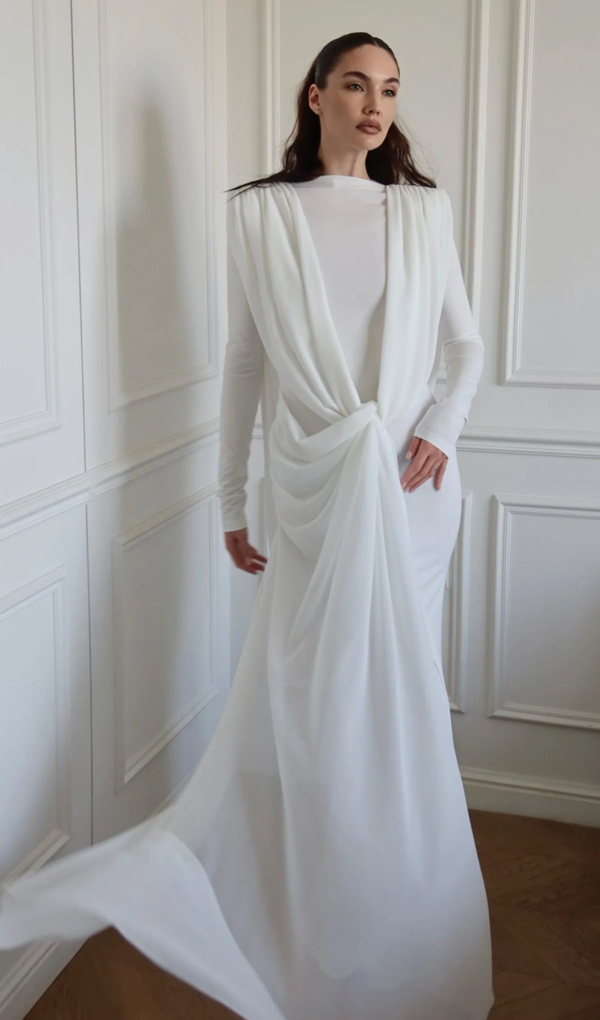 Shawl Ribbon Knotted Maxi Dress In White