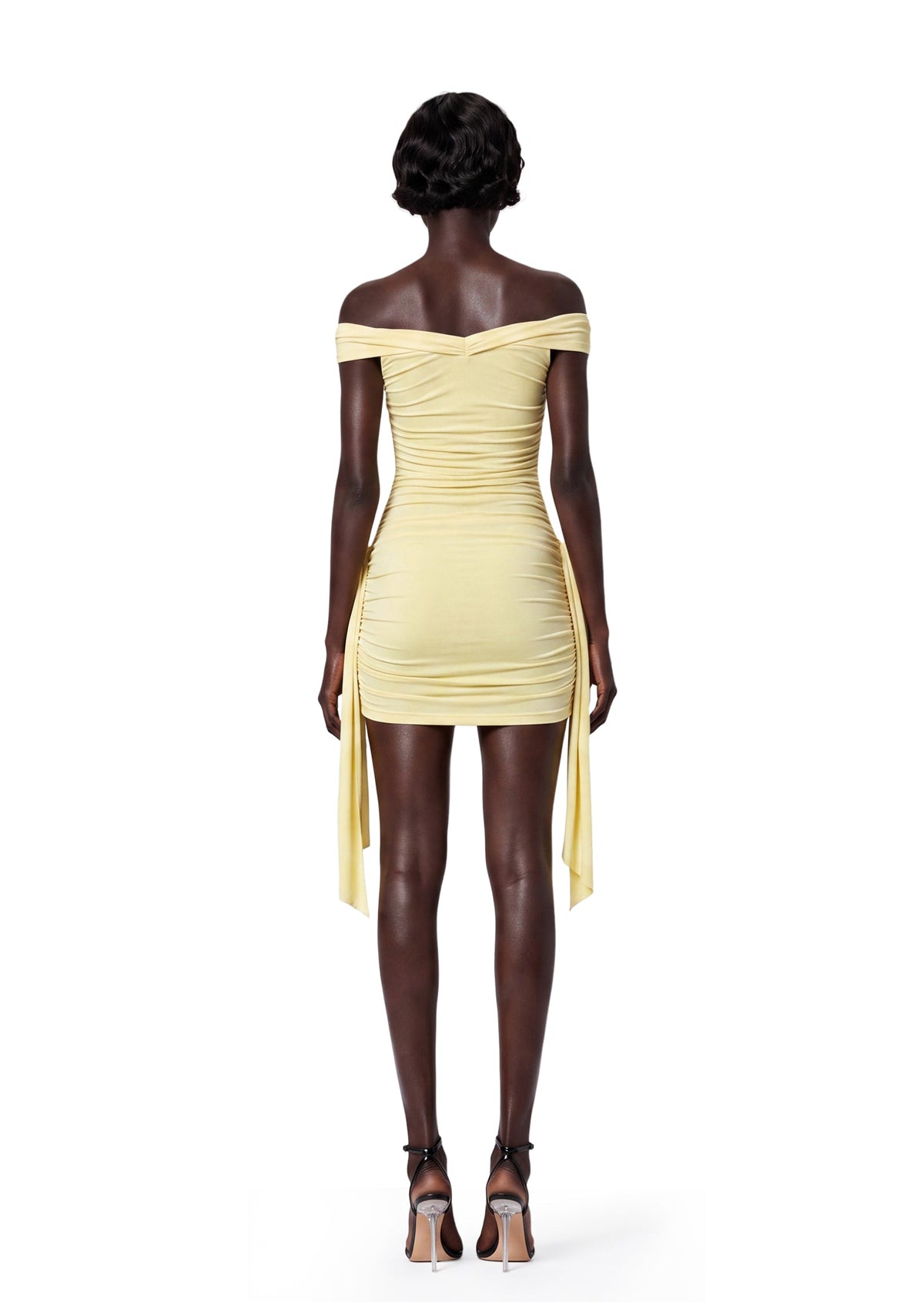 Mhina Off The Shoulder Stretch Mini Dress In Yellow