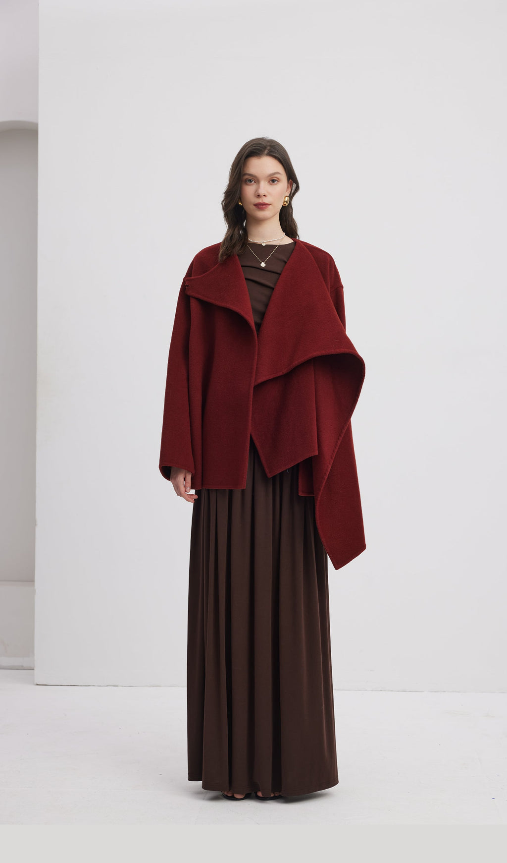 Solid Cape Style Coat-Wine Red