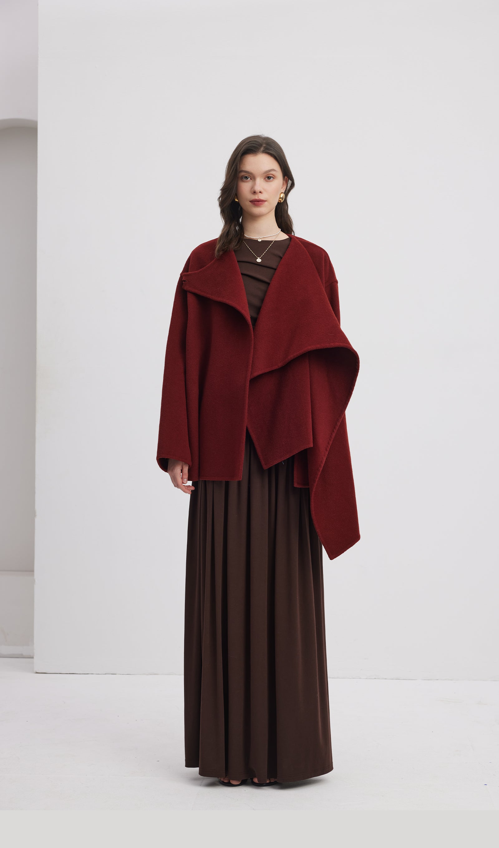 Solid Cape Style Coat-Wine Red