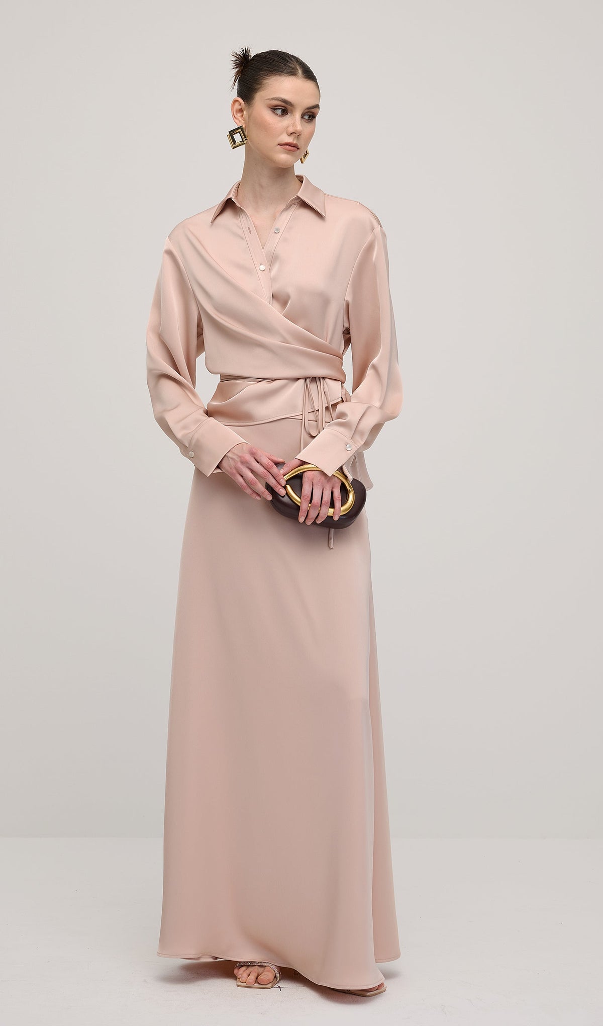 Solid Satin Shirt Maxi Dress Sets