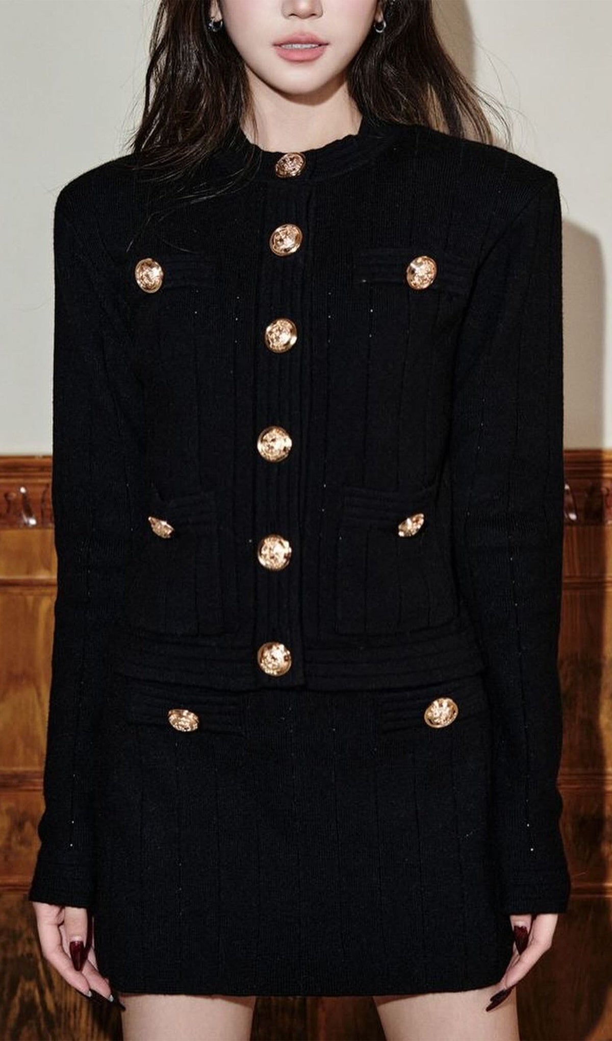 Button Embellished Knit Top-Black