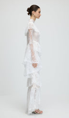 Floral Lace Ruffled Maxi Dress In White