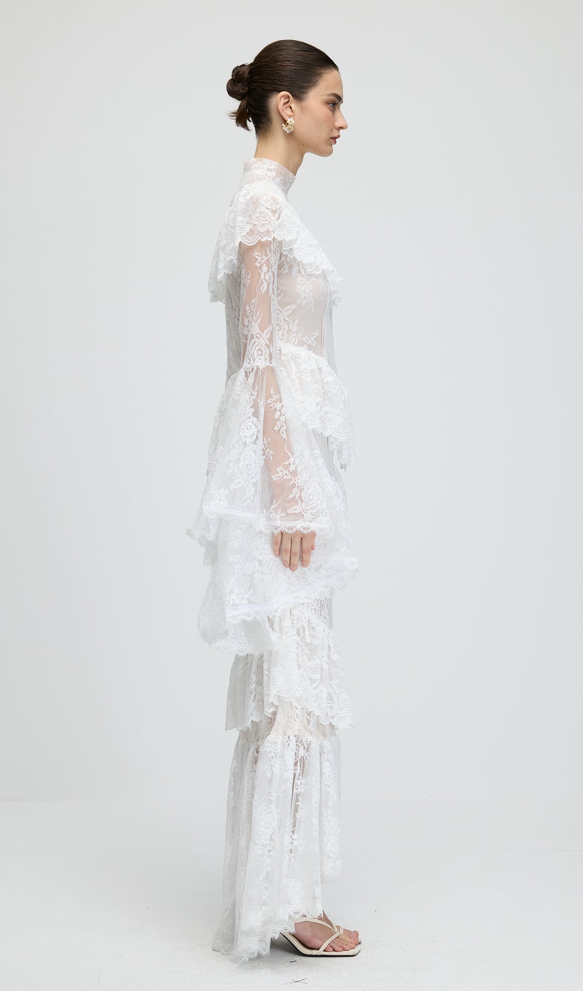 Floral Lace Ruffled Maxi Dress In White