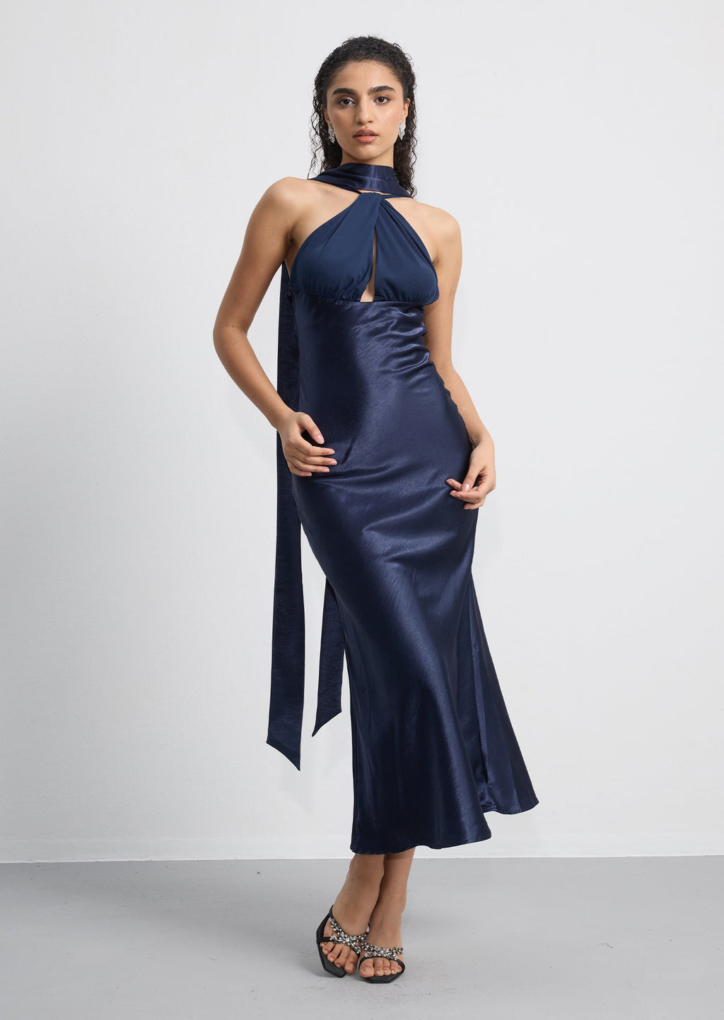 Satin Twist Front Halterneck Midi Dress