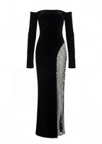 Jean Off Shoulder Velvet Maxi Dress In Black