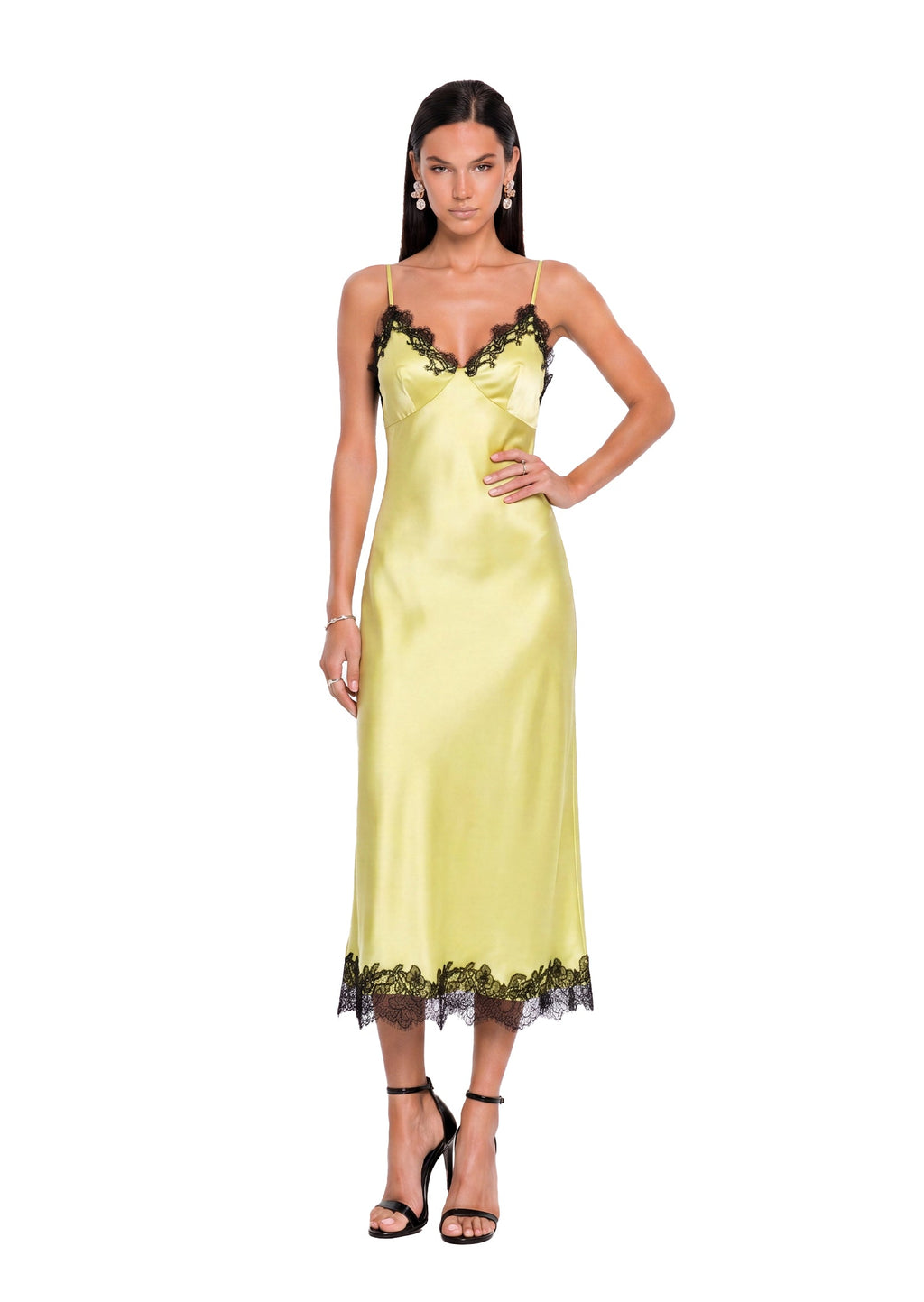 Xaria Satin Midi Dress With Lace In Yellow