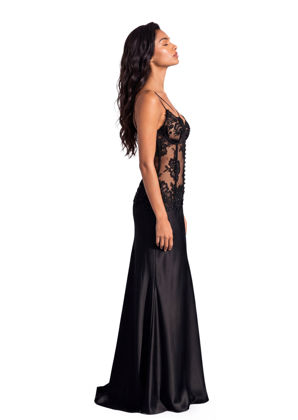 Gabouray Lace Satin Maxi Dress  In Black