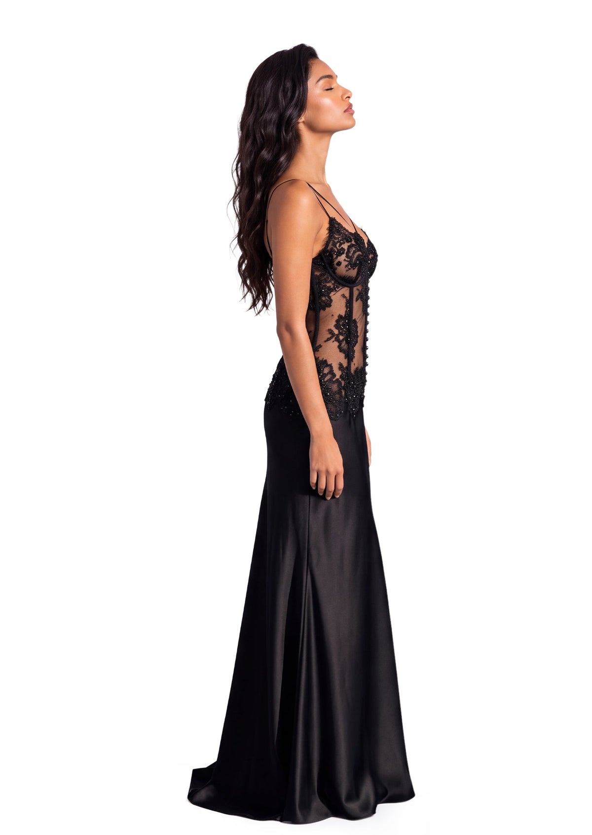 Gabouray Lace Satin Maxi Dress  In Black