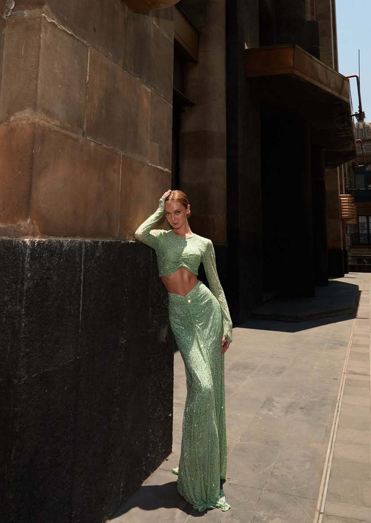 Layali Rose Twisted Top & Draped Maxi Dress Set