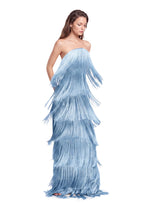 Umeko Strapless Multi Layered Tassel Maxi Dress  In Blue