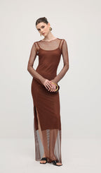 Mesh With Monochrome Lining  Maxi Dress In Coffee