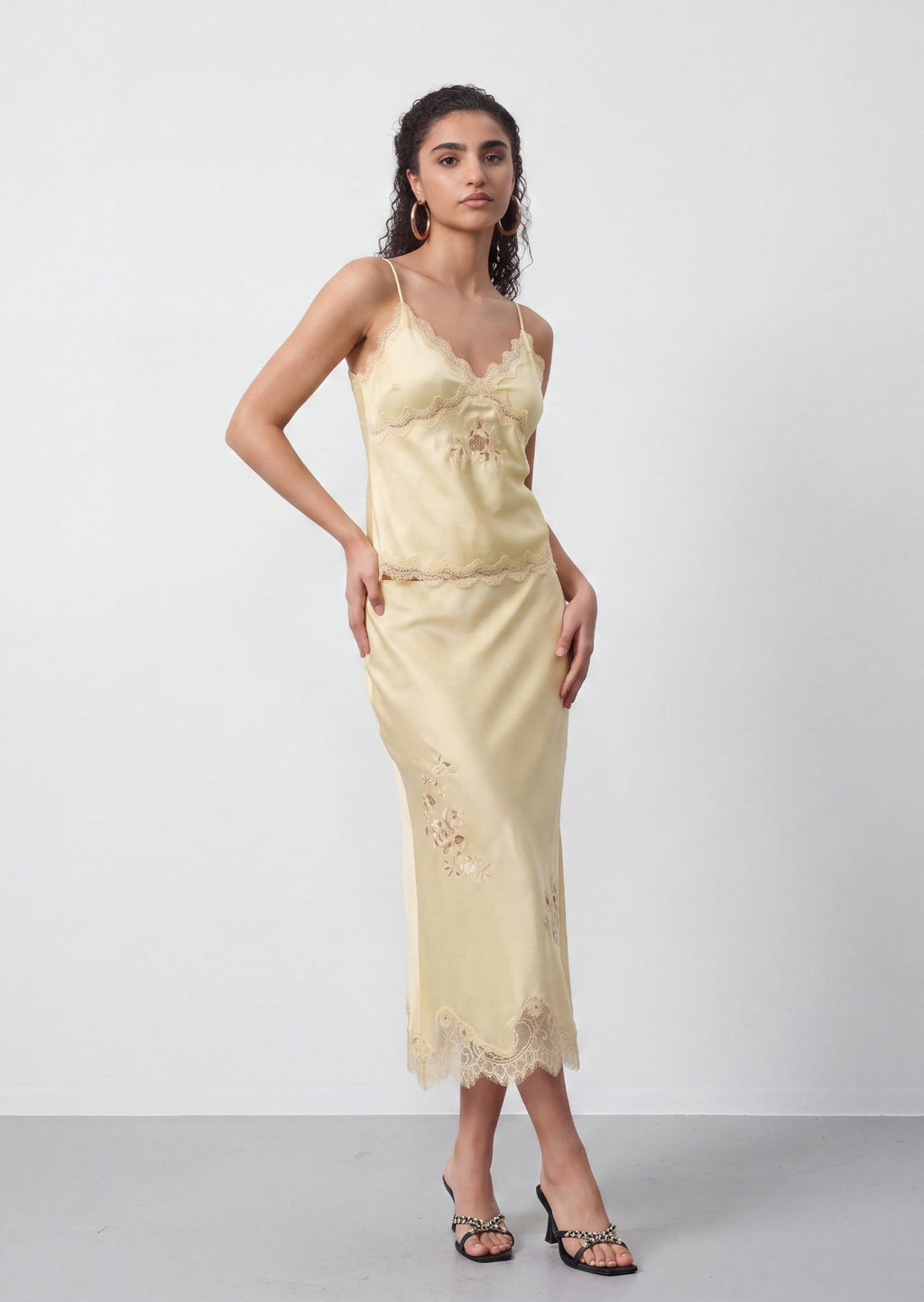 Vivia Satin Lace Midi Skirt Set In Pale Yellow