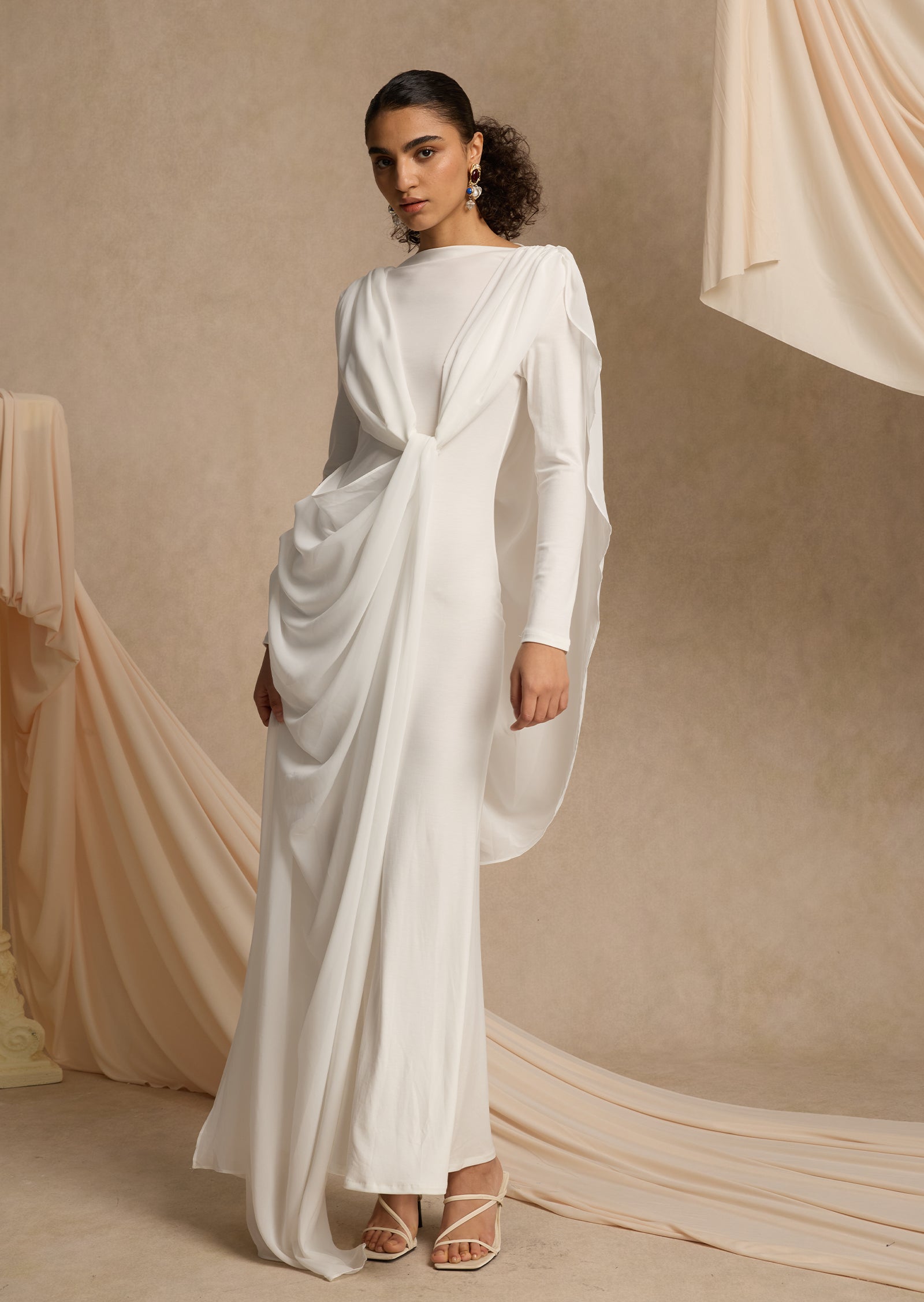 Shawl Ribbon Knotted Maxi Dress In White