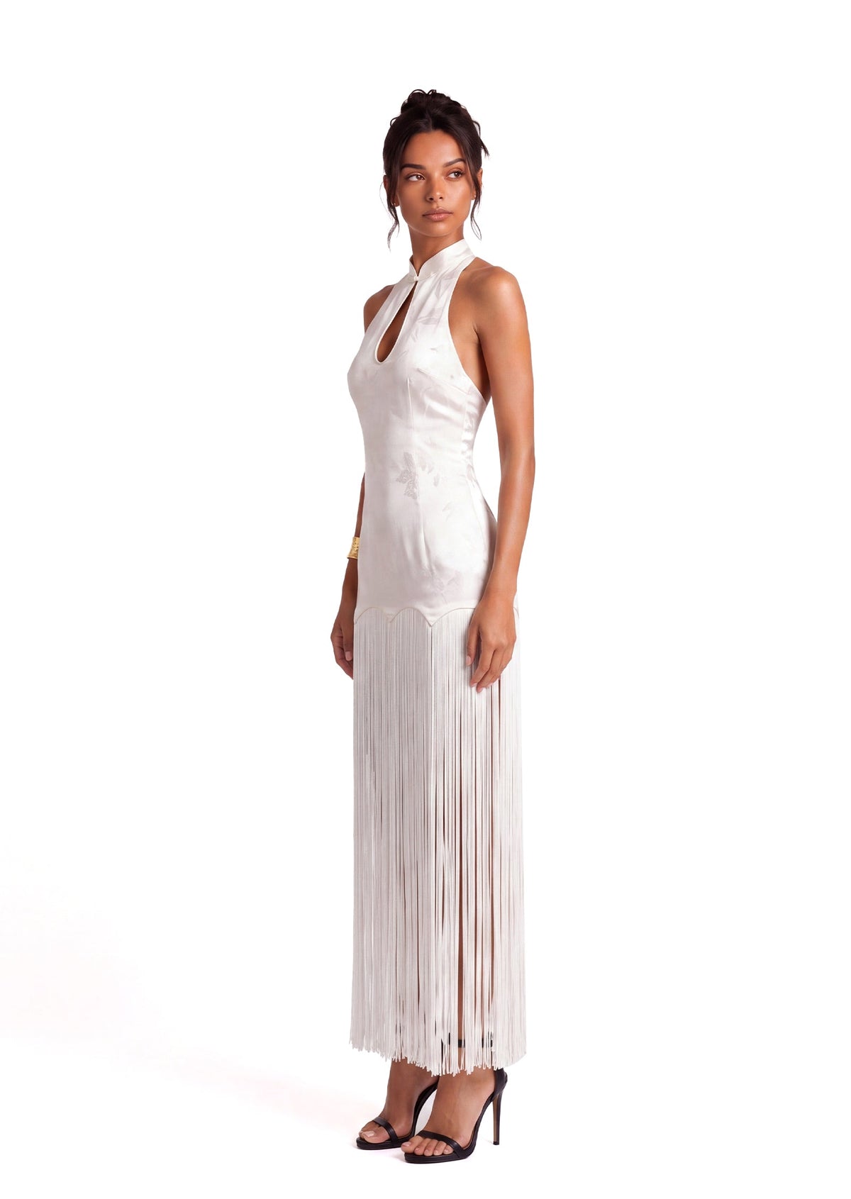 Kayoko Sleeveless Fringed Satin Midi Dress