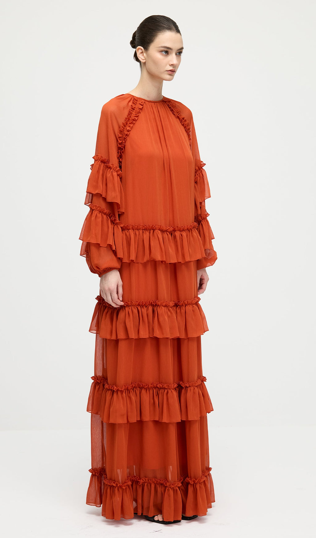 Ruffle Tiered Puff Sleeve Maxi Dress