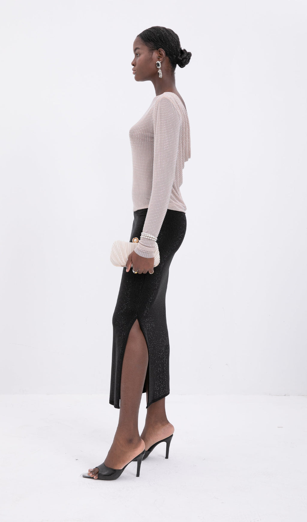 Black Tone Beaded Midi Skirt