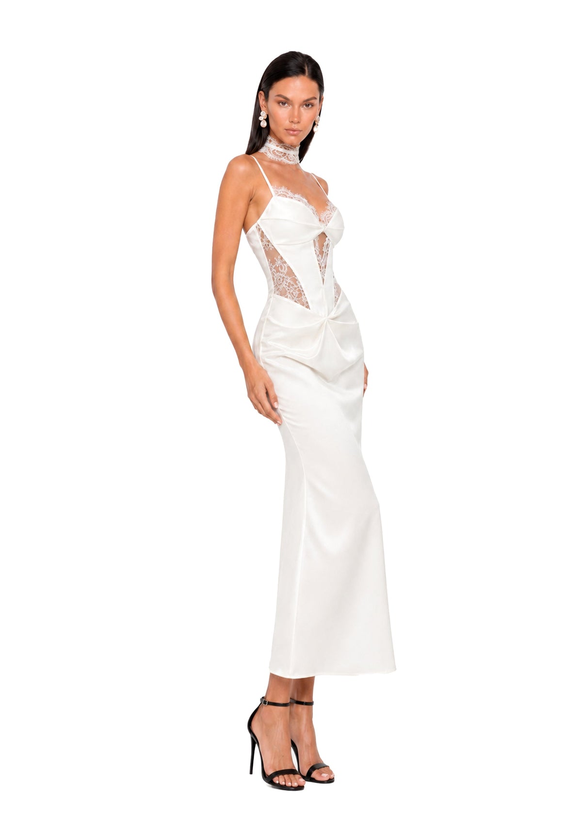 Wahib Sleeveless Satin Midi Dress With Lace