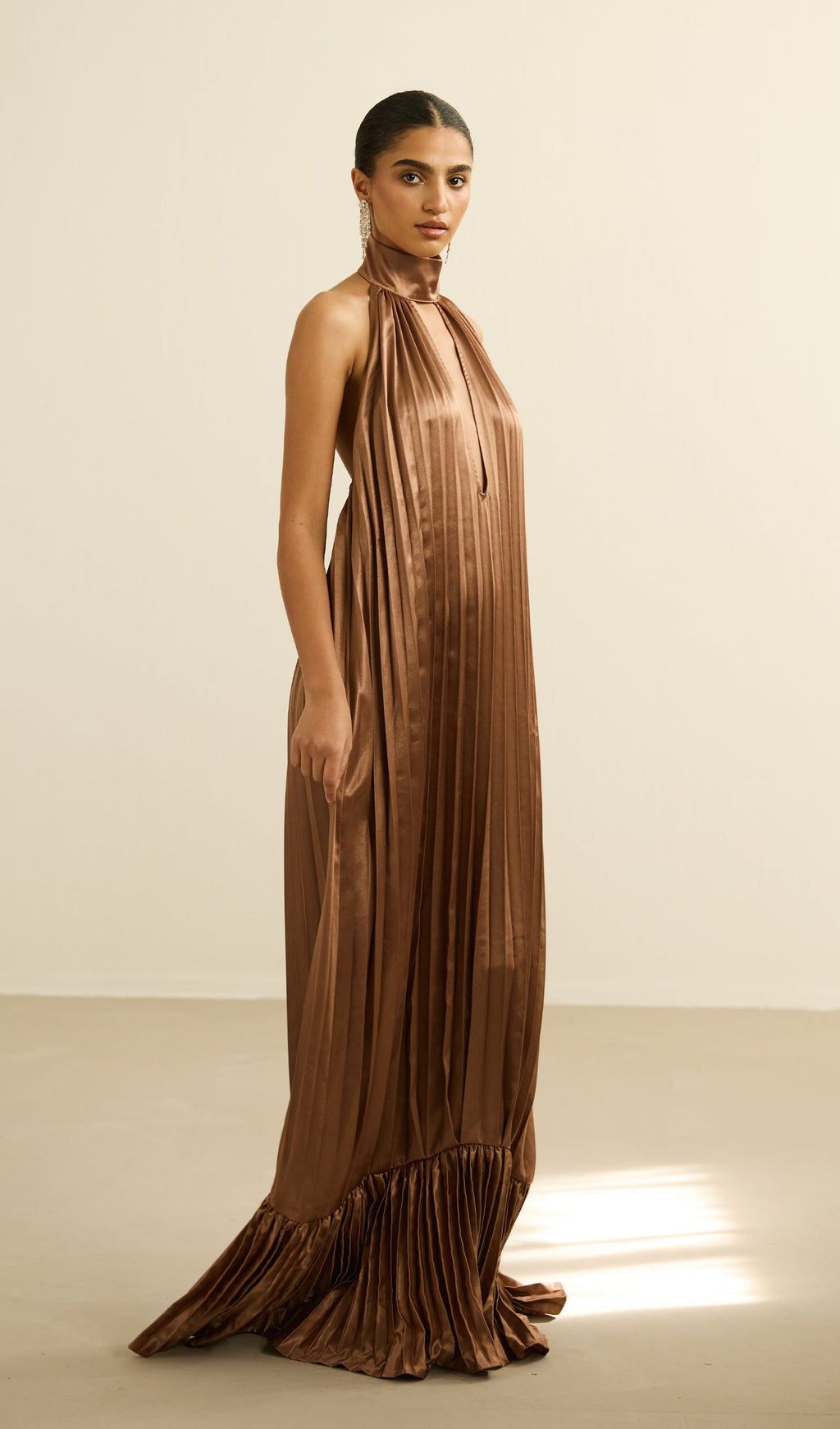 V Neckline Pleats Ruffled Maxi Dress