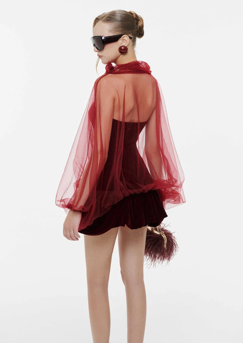 Velvet Panelled Cape Mini Dress In Red