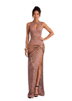 Loa Stand Up Collar Slit Maxi Dress In Light Brown