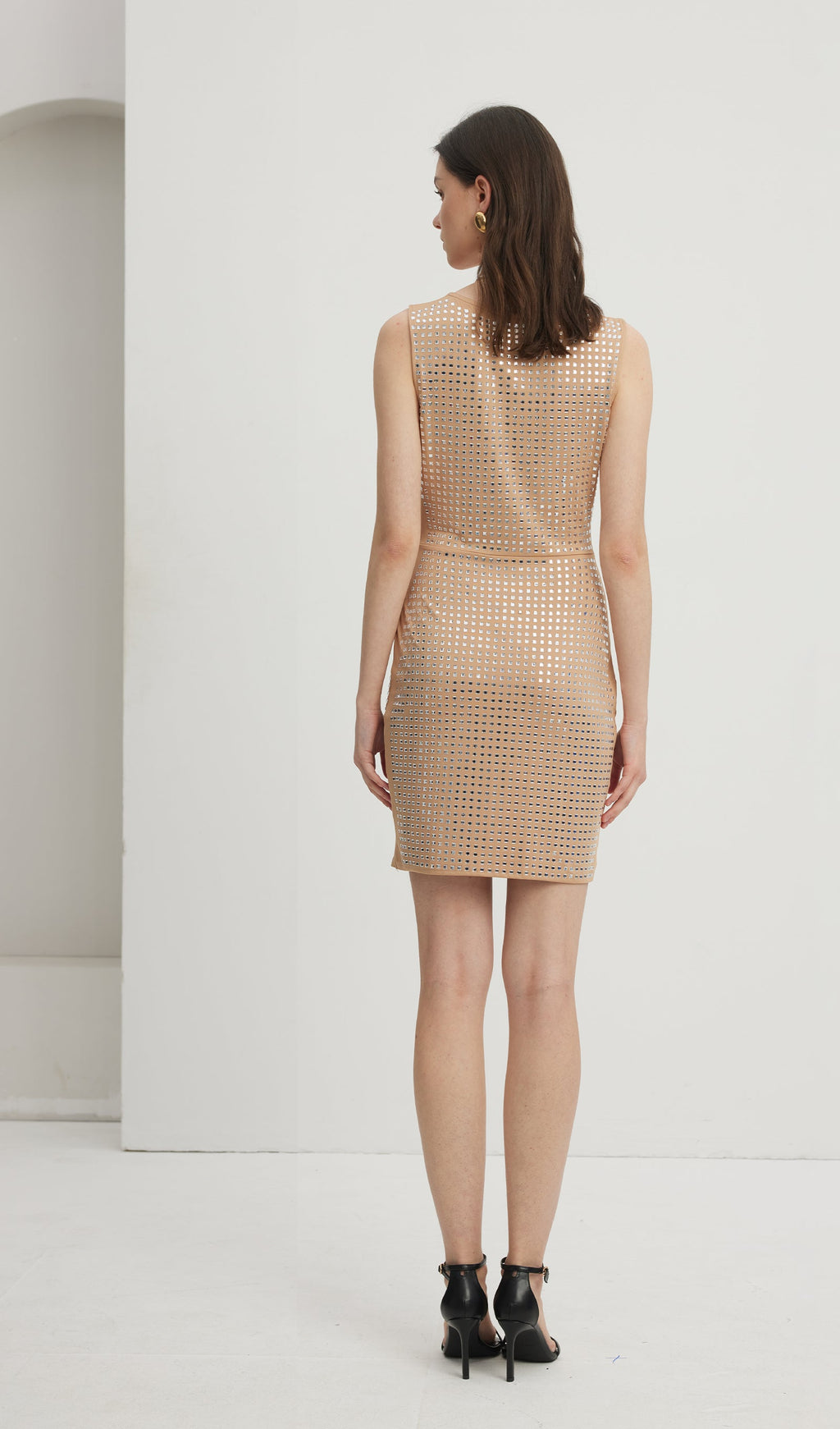 Embellished Square Neck Mini Dress Nude